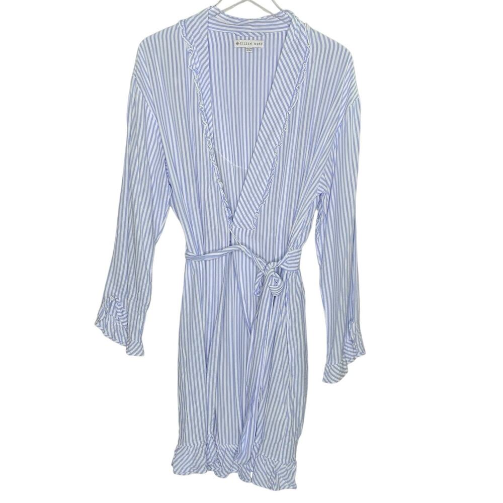 Eileen West Blue White Striped Wrap Robe S/M Tie Belt Ruffled Hem Lounge